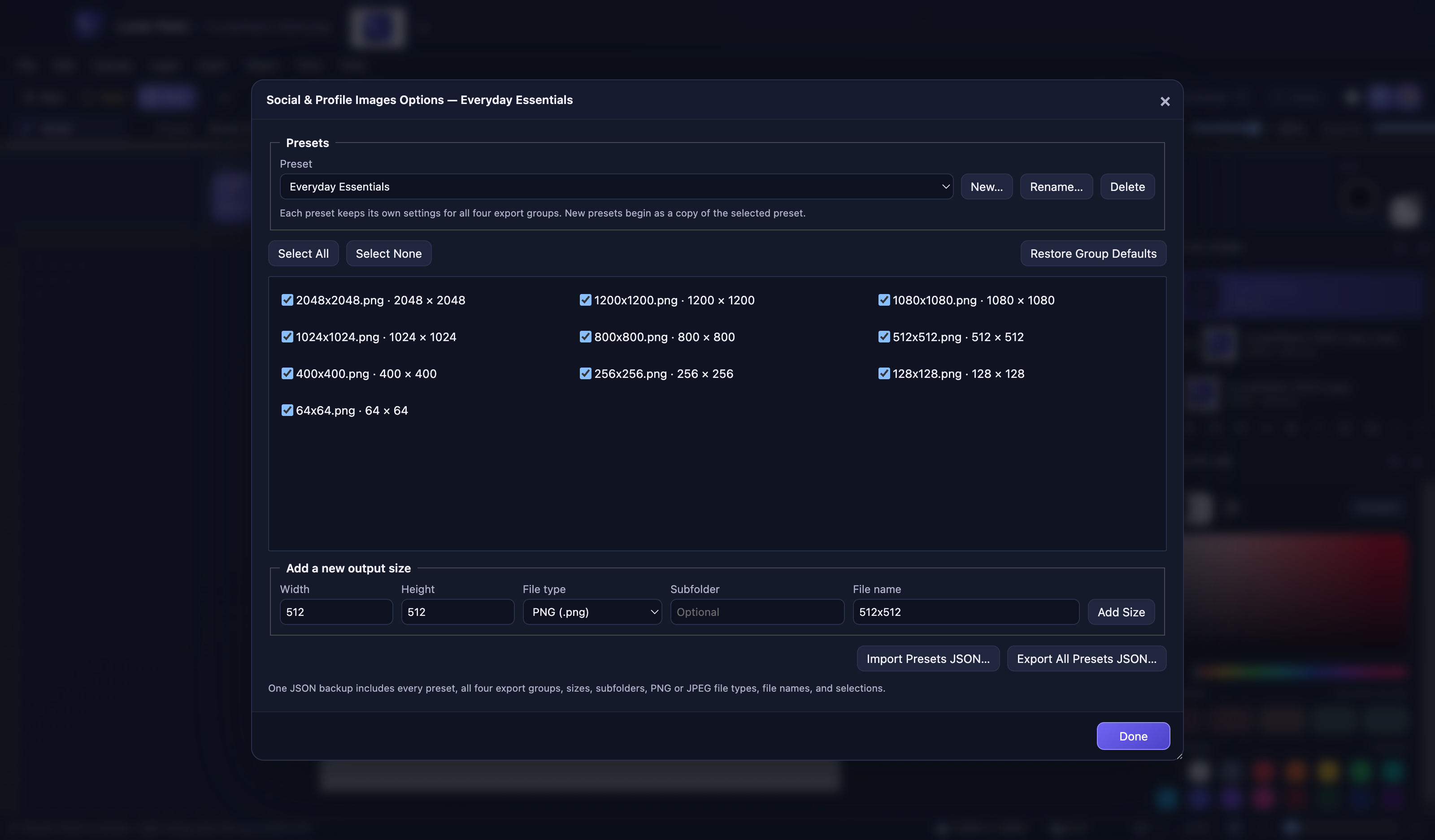 Lunar Paint Batch Export options showing reusable presets, ten selected social image sizes, custom PNG or JPEG output settings, and preset backup controls