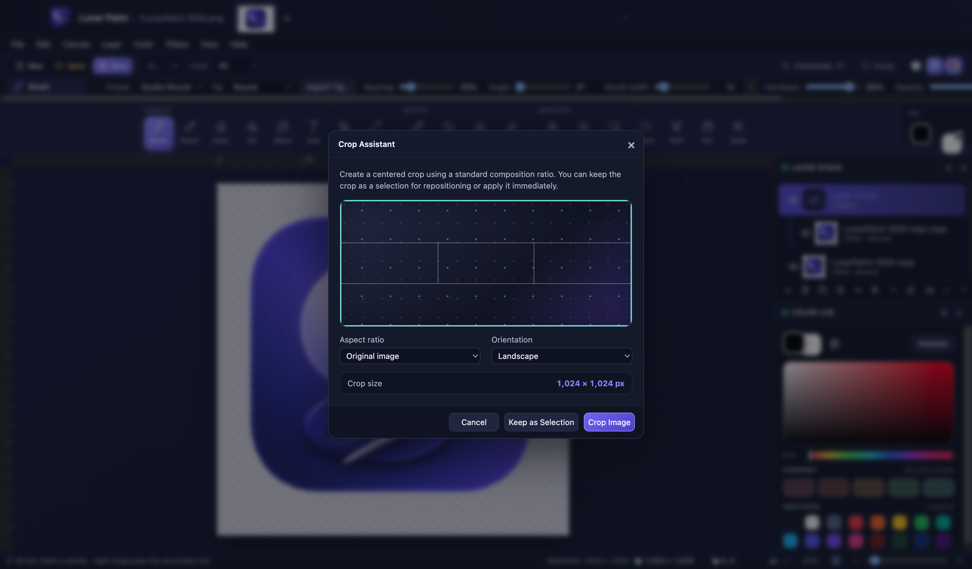 Lunar Paint Crop Assistant dialog with a composition preview, aspect ratio, orientation, crop size, and selection or crop actions