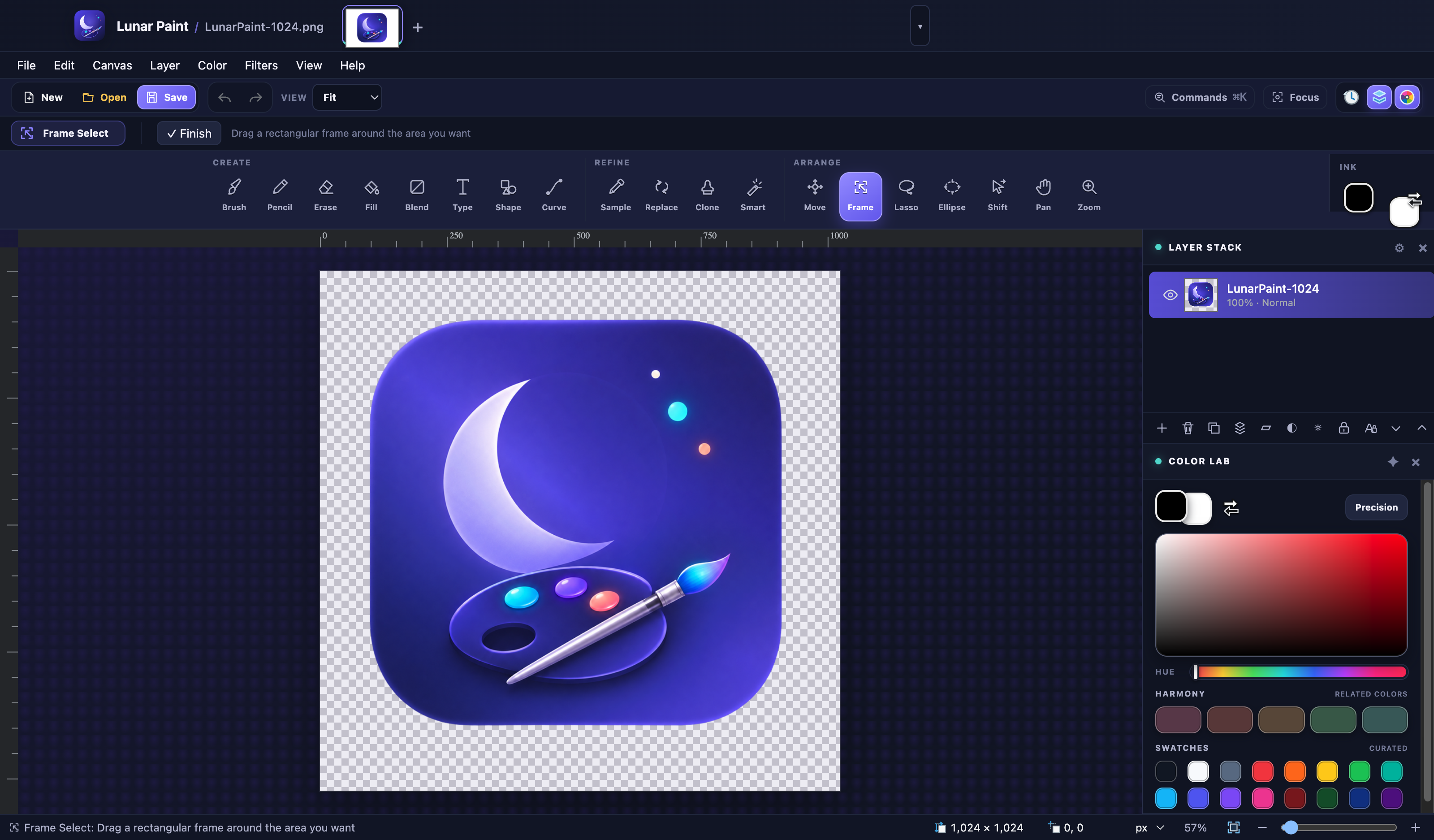 Lunar Paint workspace showing the real moonlit palette artwork, creative tool shelf, Layer Stack, and Color Lab